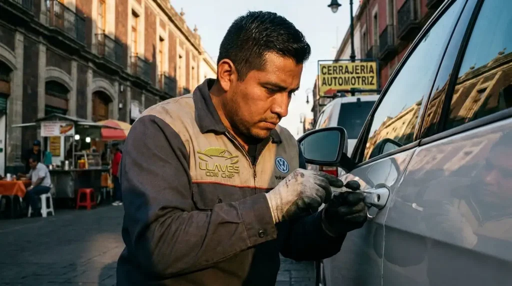 Cerrajero automotriz realizando apertura de emergencia sin daños en auto en CDMX