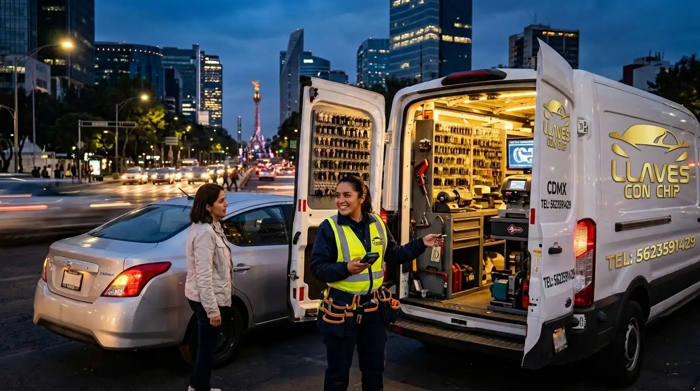 Unidad móvil de cerrajería automotriz 24 horas atendiendo emergencia vial en CDMX