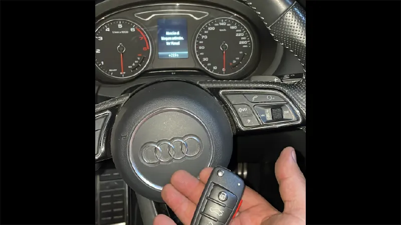 Técnico cerrajero mostrando llave inteligente programada para auto en CDMX.
