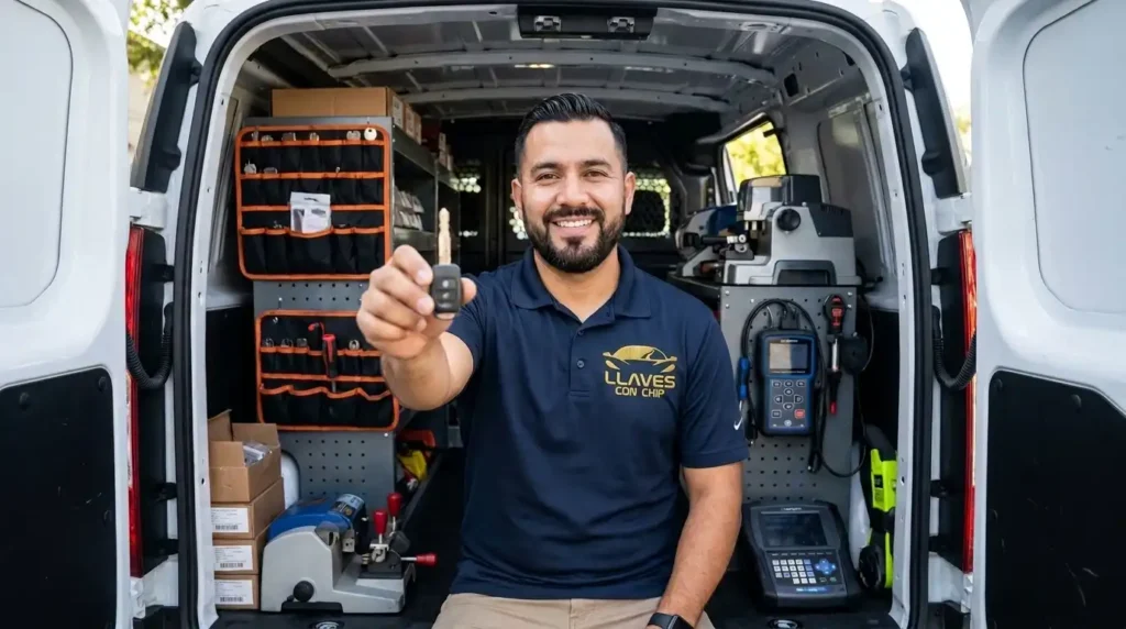 Cerrajero profesional mostrando llave de auto recién cortada en unidad móvil en CDMX