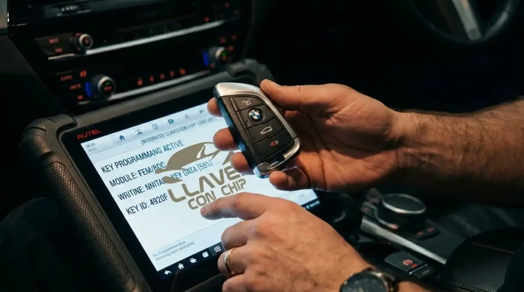 Cerrajero automotriz programando llave con chip y control inteligente en CDMX