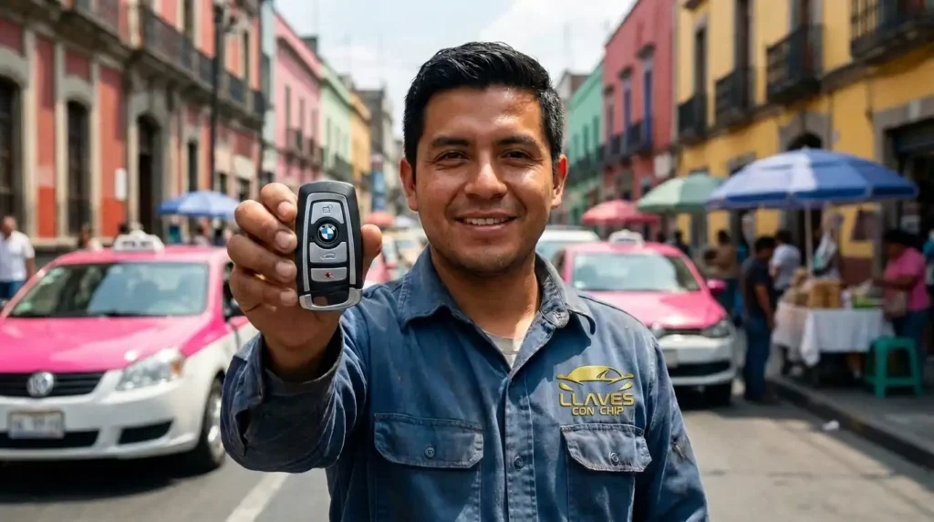 Cerrajero entregando llave inteligente smart key programada en calle de Ciudad de México