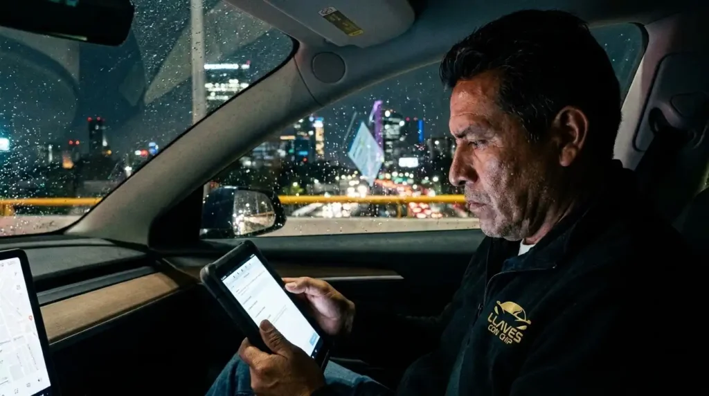Cerrajero programando llave con chip utilizando escáner OBD2 desde el interior de un auto en CDMX
