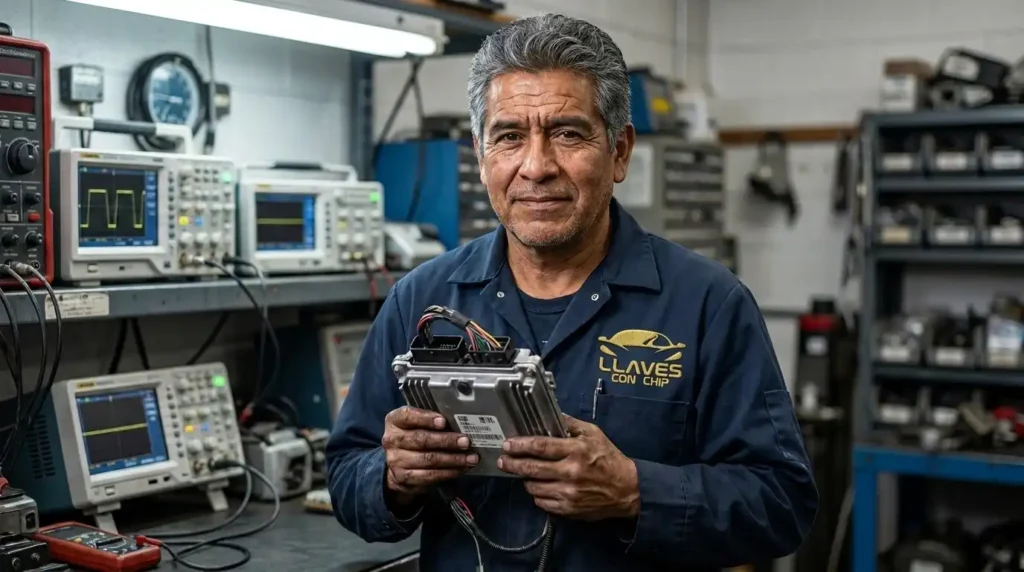 Técnico experto sosteniendo computadora automotriz ECU en taller de CDMX