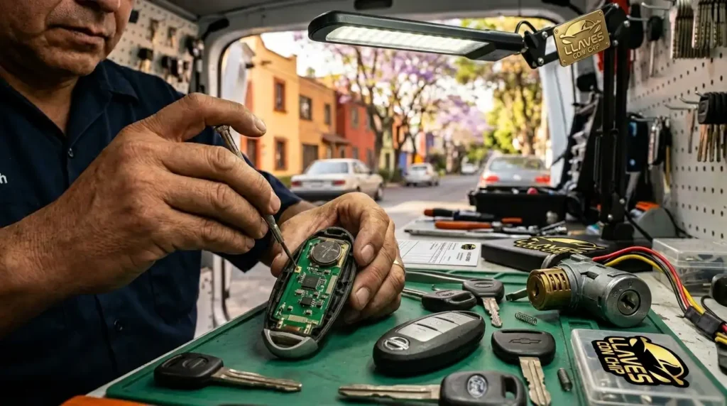 Cerrajero automotriz reparando switch de encendido y cambio de carcasa de llave en CDMX